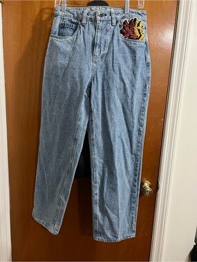Light Blue Straight Leg Women's Jeans with Flame Patch